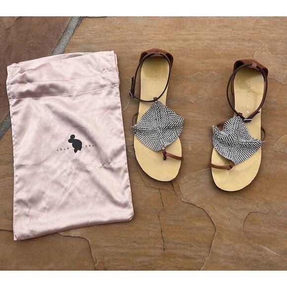 Lola Cruz Leather Crystal Embellishments T-Strap Sandals - 6.5 37 EU KB - Picture 1 of 5